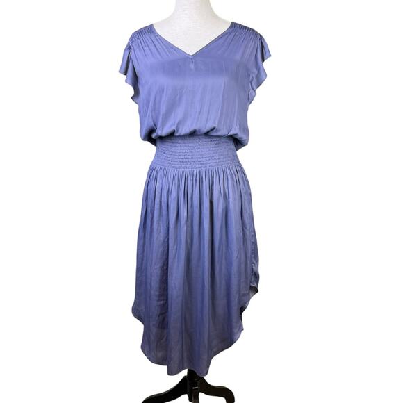 Mustard Seed Lavender Purple Blue Smocked Satin Curved Hem Midi Dress - Picture 1 of 11